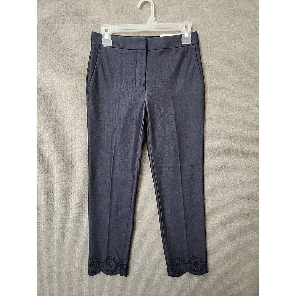 Ann Taylor Embroidered Ankle Dress Pants Womens 0 Petite Purple Stretch NEW